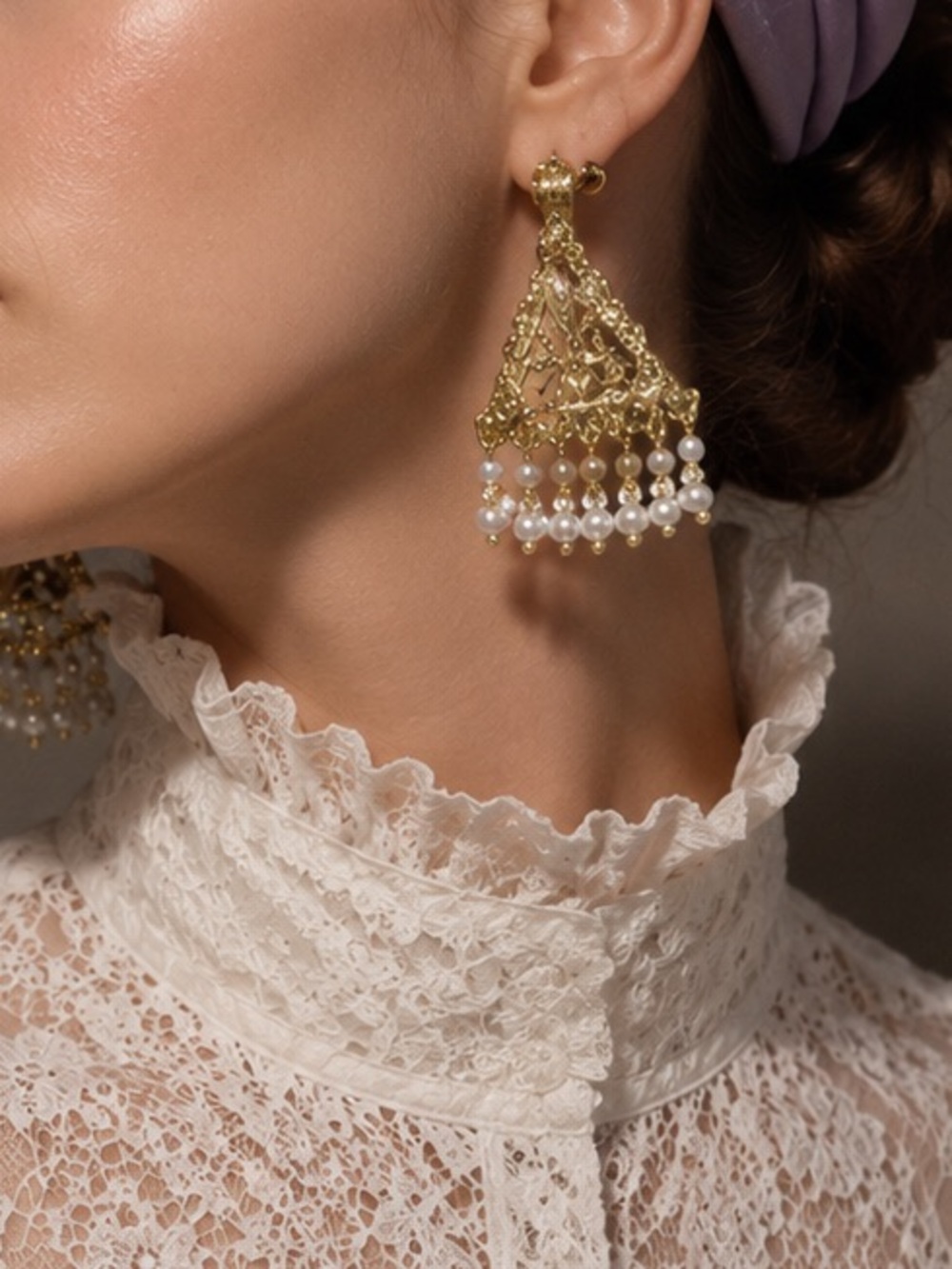 Gold Filigree Pearl Fringe Earrings